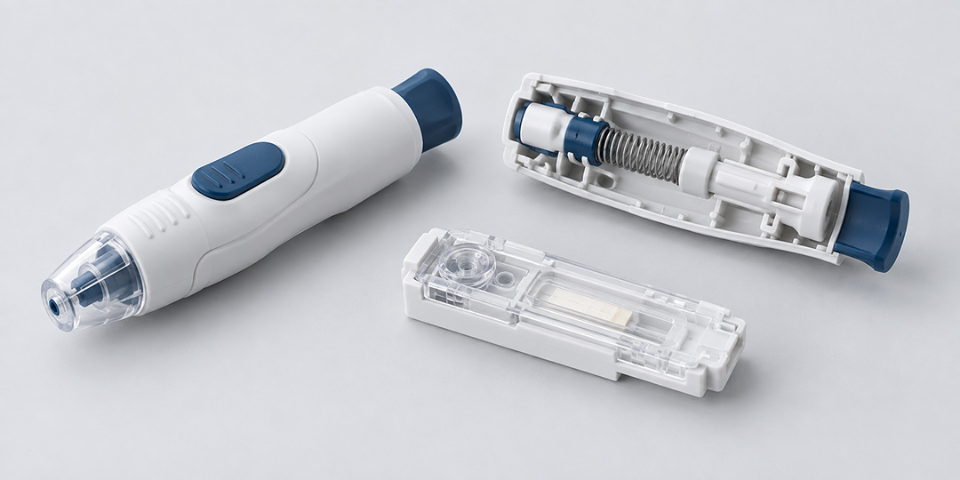 White-and-blue handheld device beside an open assembly showing its spring