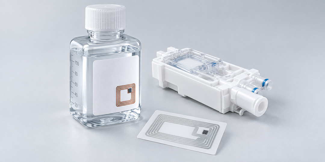 Clear bottle with a copper tag, cartridge, and RFID label