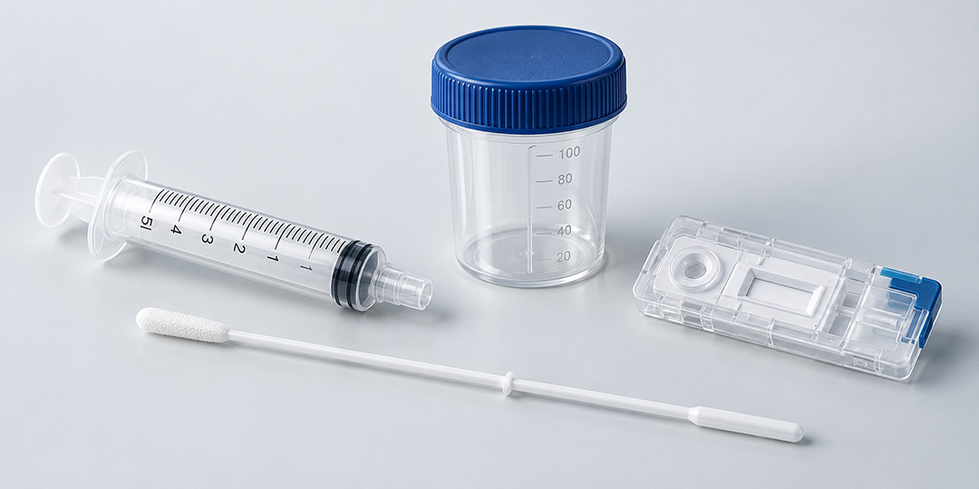 Syringe, blue-lid specimen container, swab, and cartridge